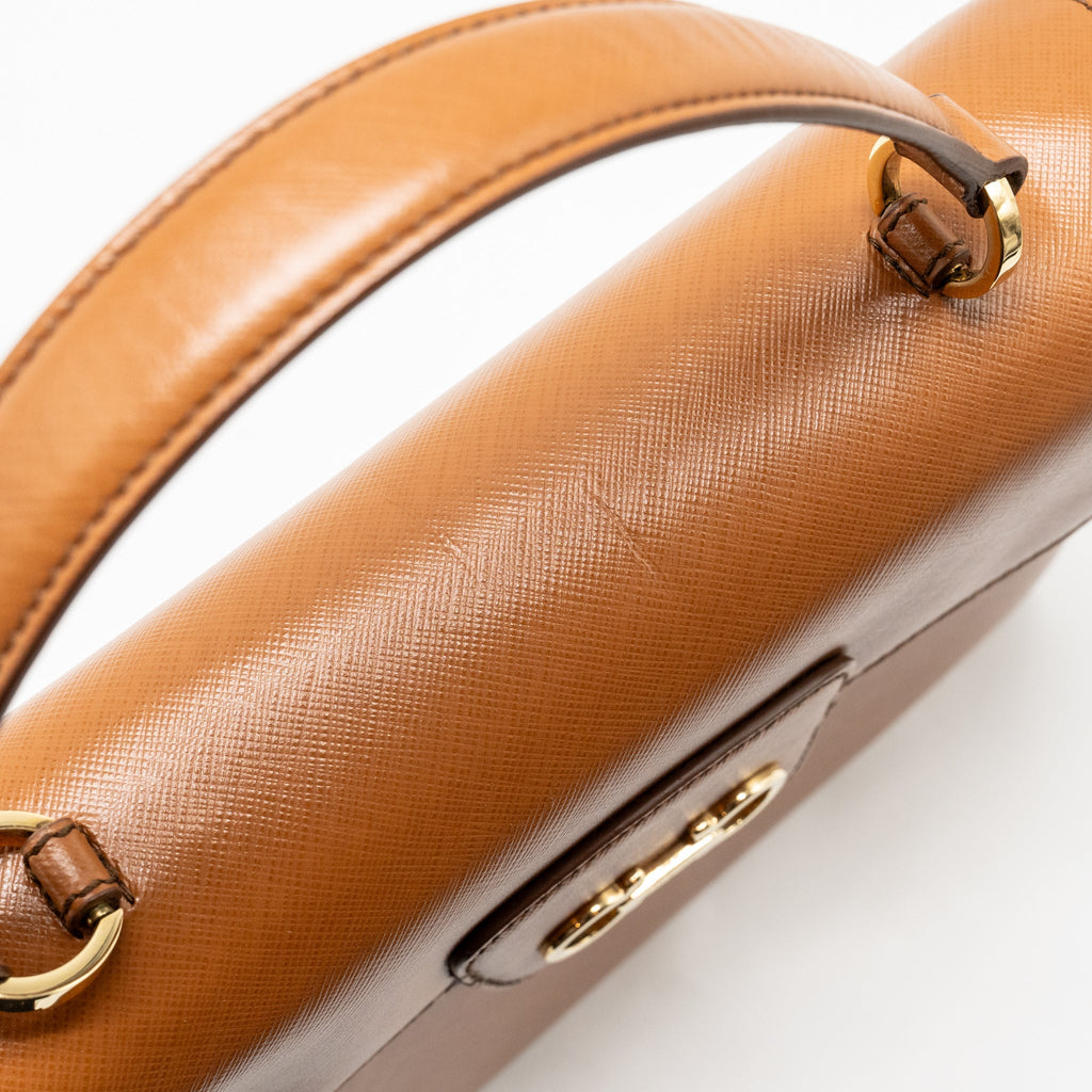 SALVATORE FERRAGAMO TOP HANDLE GANCINI BAG CALFSKIN TAN GHW