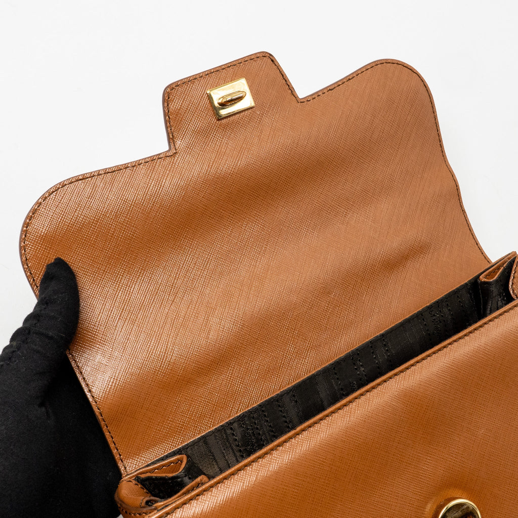SALVATORE FERRAGAMO TOP HANDLE GANCINI BAG CALFSKIN TAN GHW