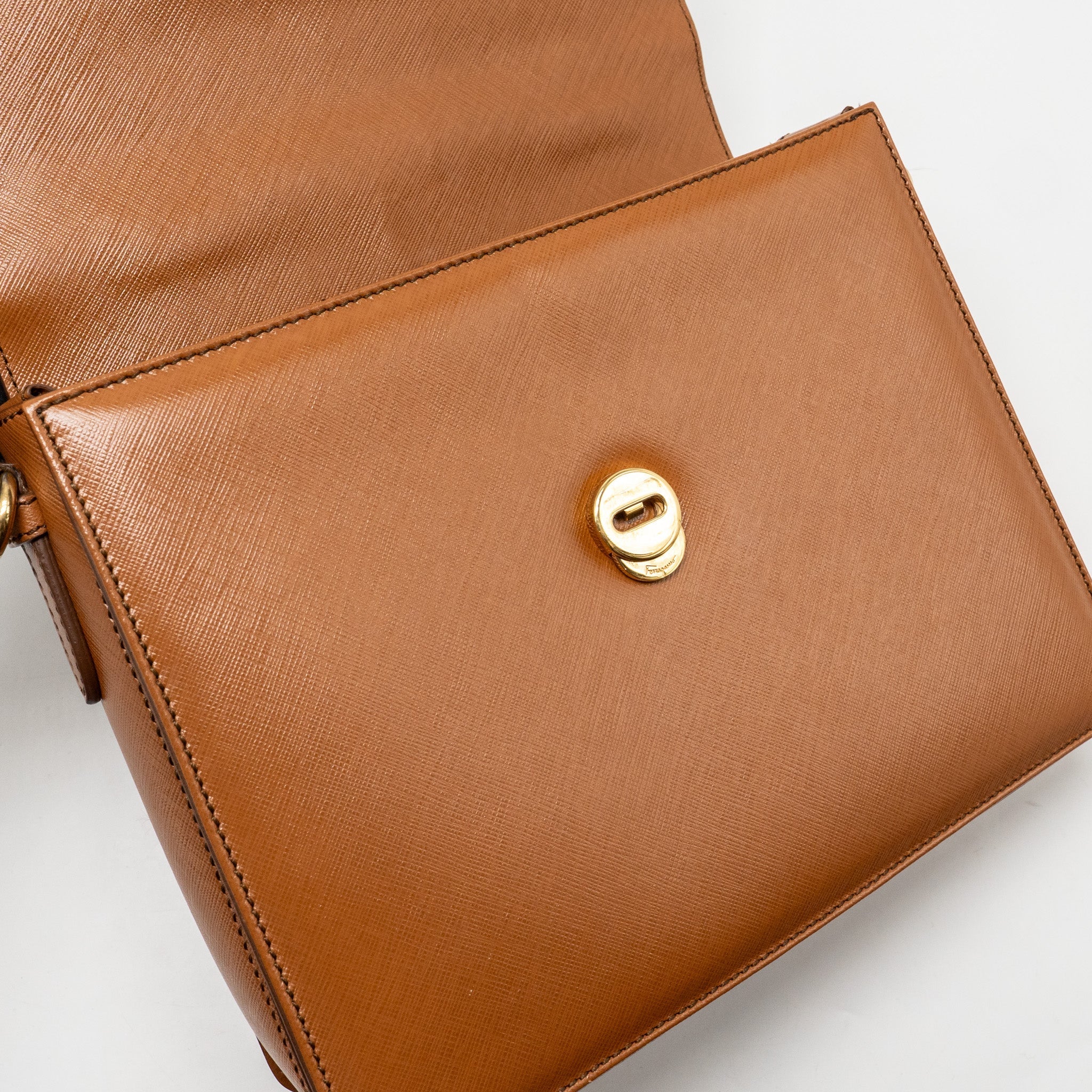 SALVATORE FERRAGAMO TOP HANDLE GANCINI BAG CALFSKIN TAN GHW
