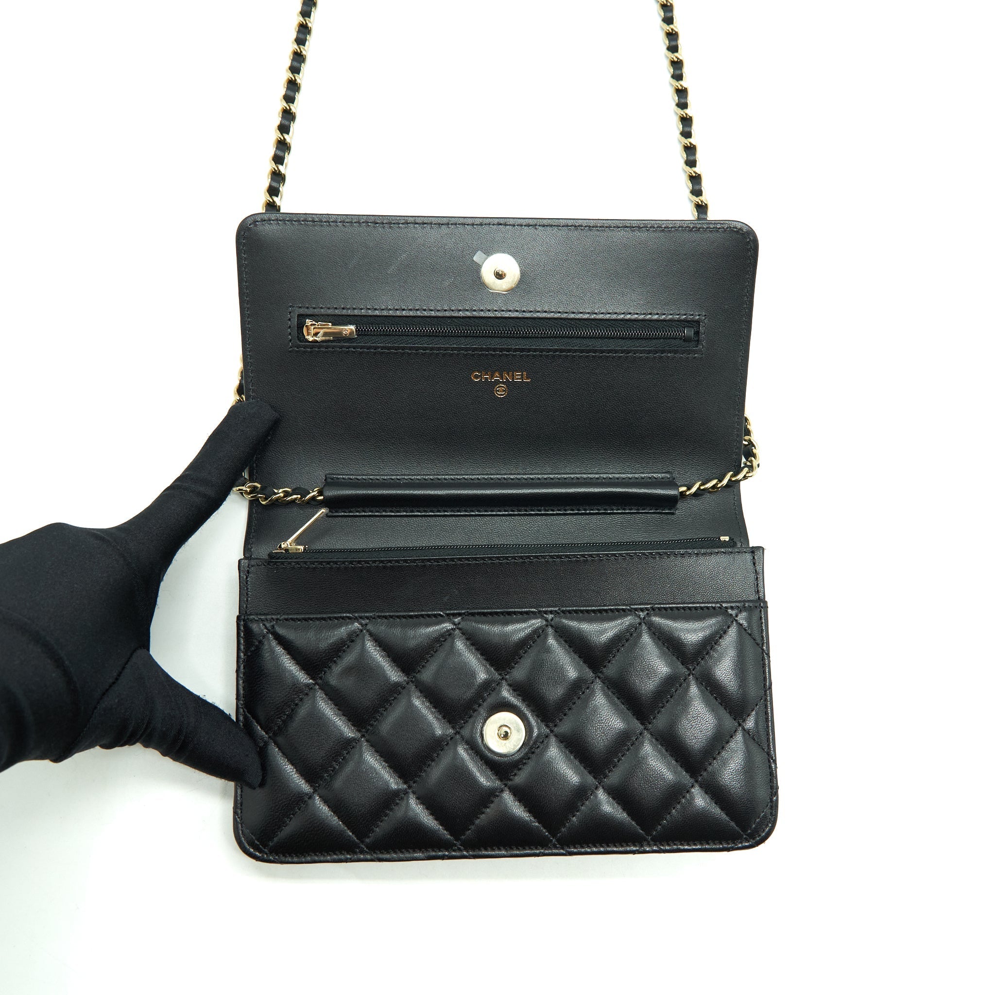 CHANEL RIBBON WALLET ON CHAIN LAMBSKIN BLACK LGHW (MICROCHIP)