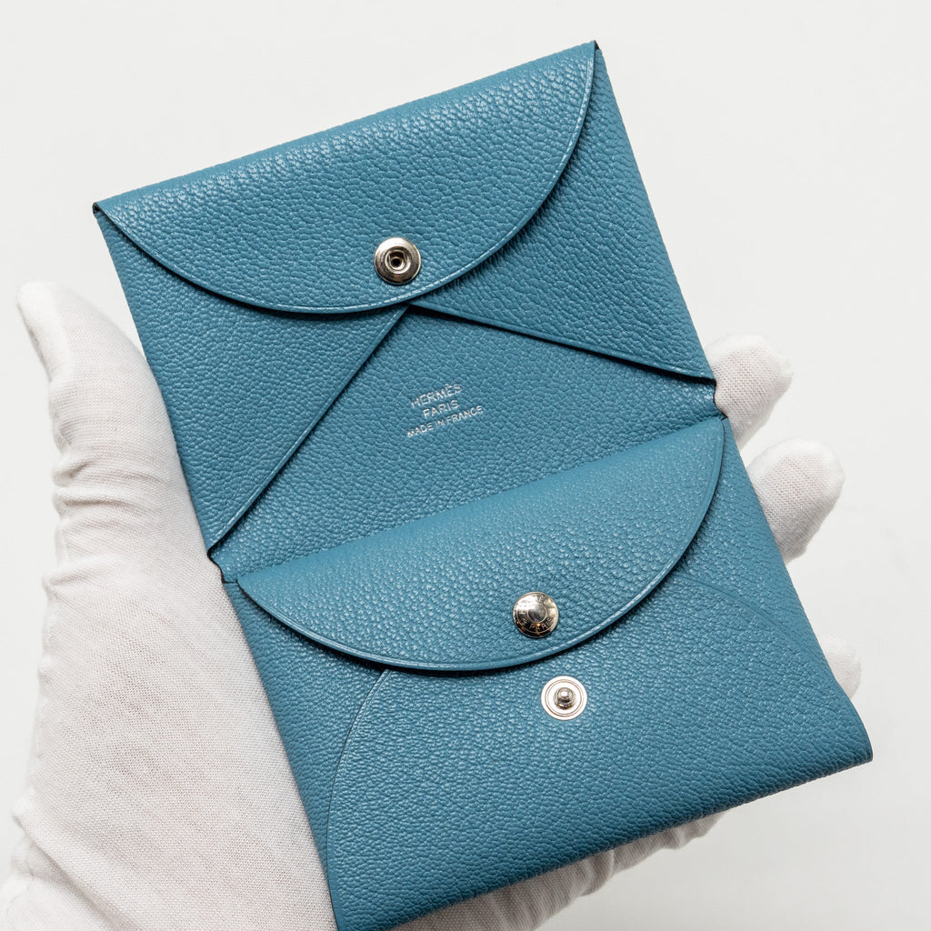 HERMES CALVI DUO COMPACT CARD HOLDER MYSORE GOATSKIN BLUE SHW