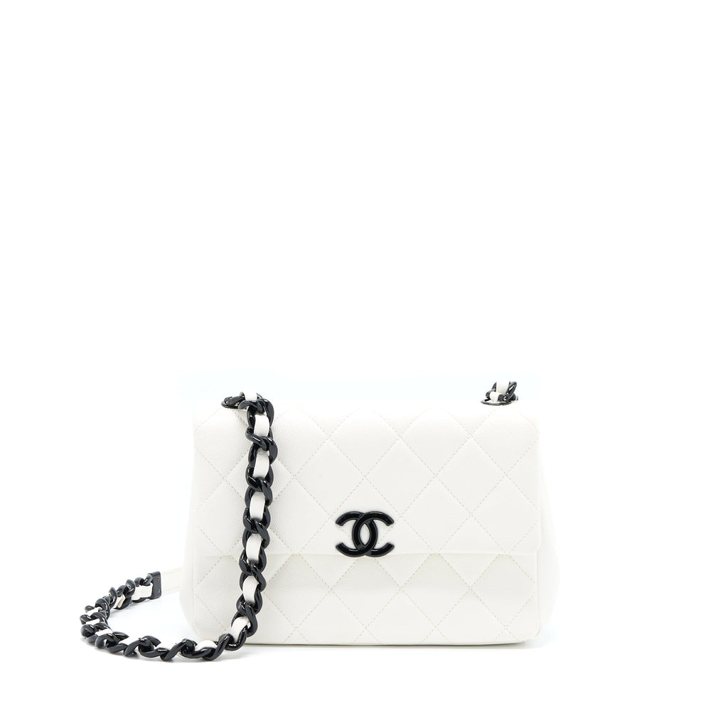 CHANEL SEASONAL FLAP BAG CAVIAR WHITE WITH BLACK HARDWARE
