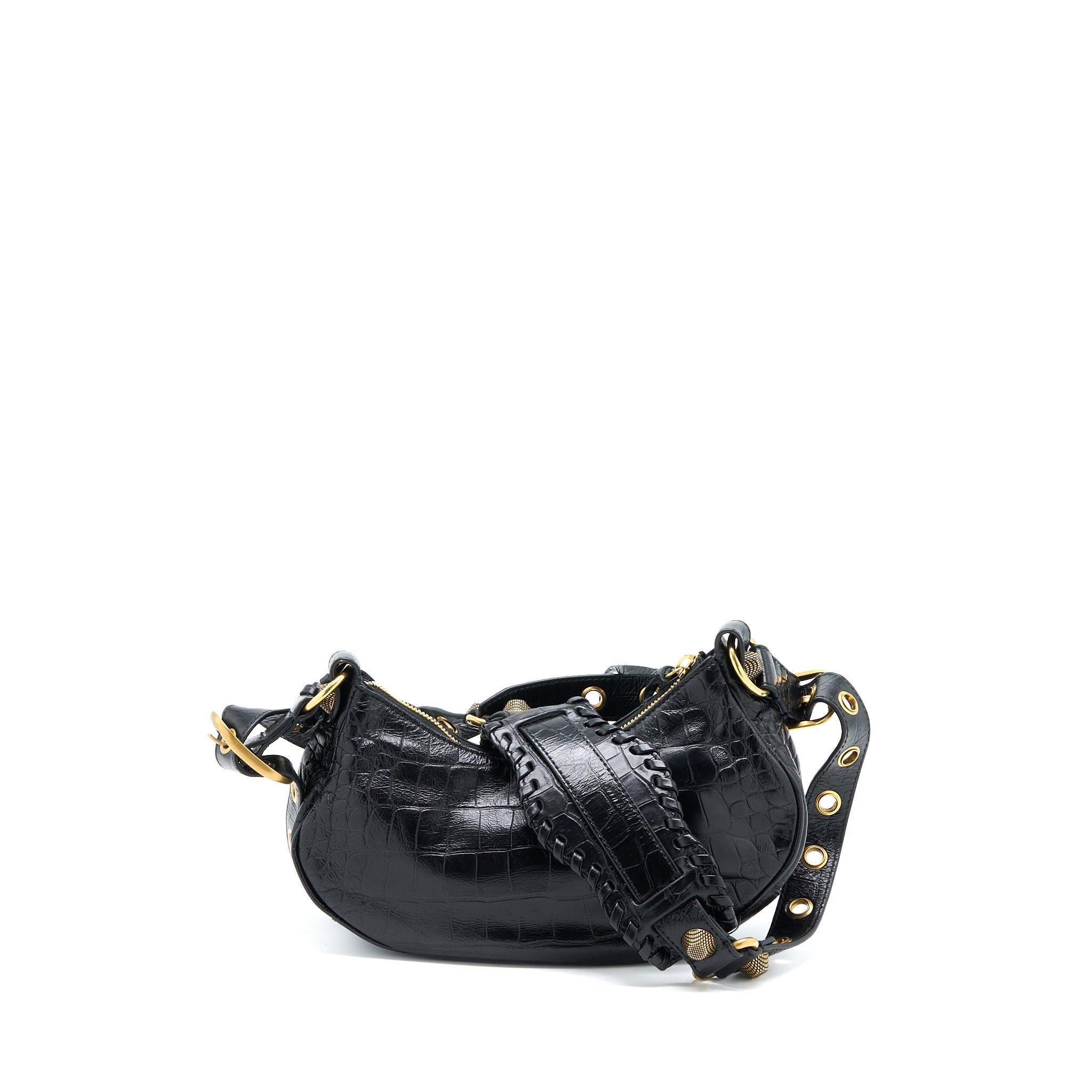 BALENCIAGA LE CAGOLE XS SHOULDER BAG CROC-EMBOSSED CALFSKIN BLACK AGED-GOLD HARDWARE