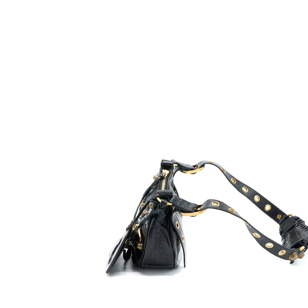 BALENCIAGA LE CAGOLE XS SHOULDER BAG CROC-EMBOSSED CALFSKIN BLACK AGED-GOLD HARDWARE