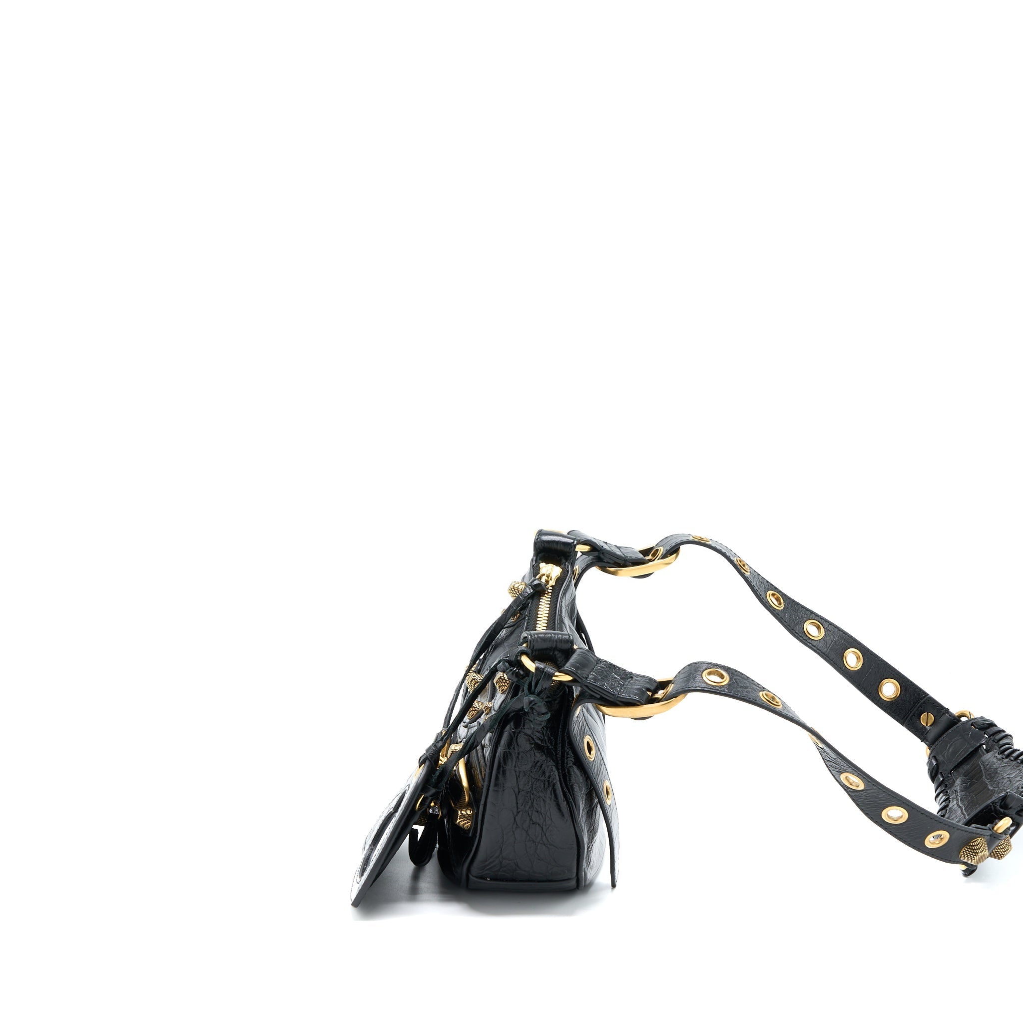 BALENCIAGA LE CAGOLE XS SHOULDER BAG CROC-EMBOSSED CALFSKIN BLACK AGED-GOLD HARDWARE