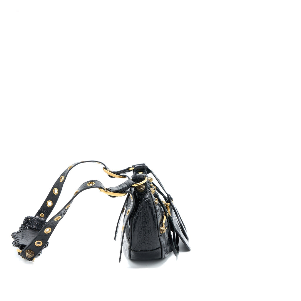 BALENCIAGA LE CAGOLE XS SHOULDER BAG CROC-EMBOSSED CALFSKIN BLACK AGED-GOLD HARDWARE