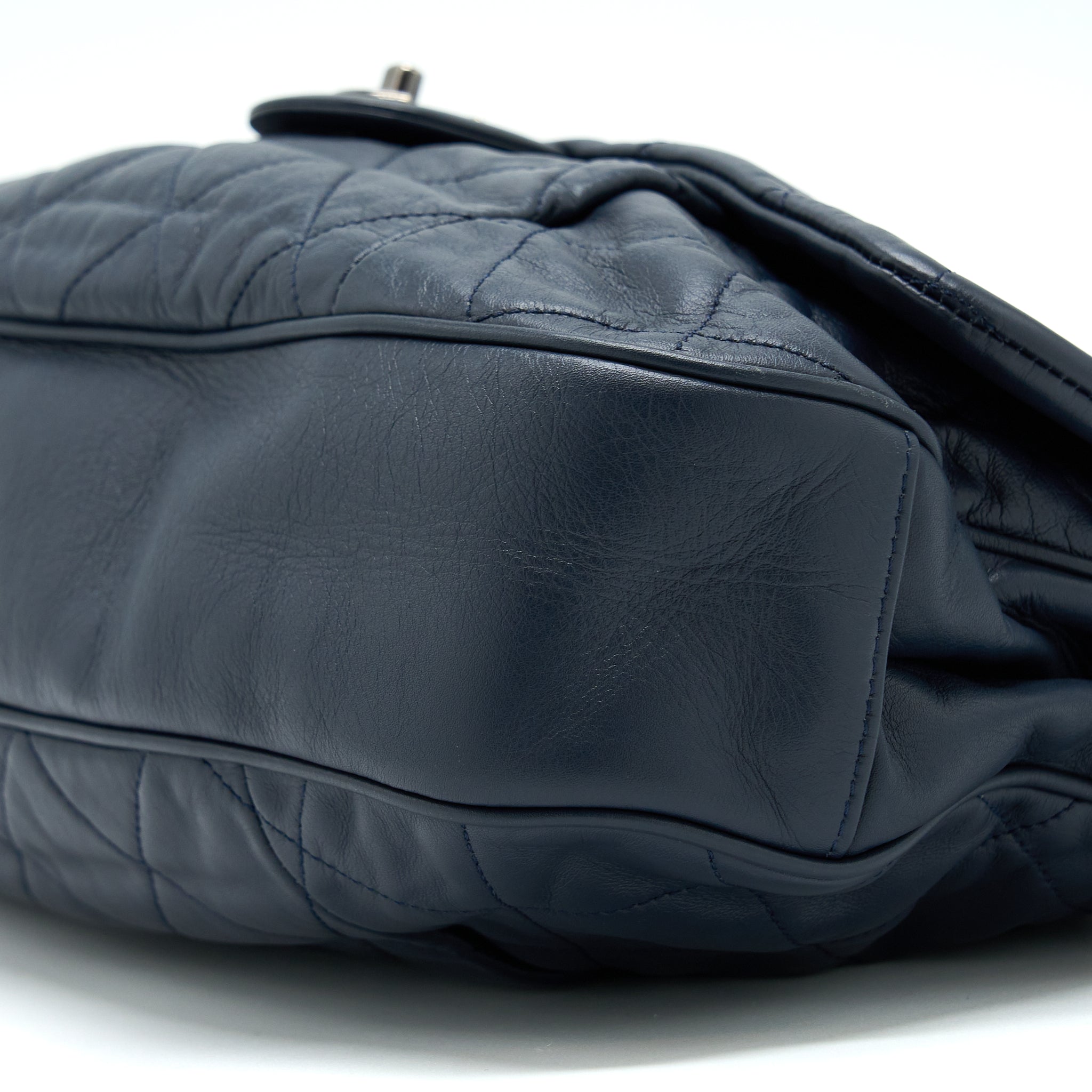 CHANEL FLAP HOBO BAG CALFSKIN NAVY WITH RUTHENIUM SLIVER HARDWARE