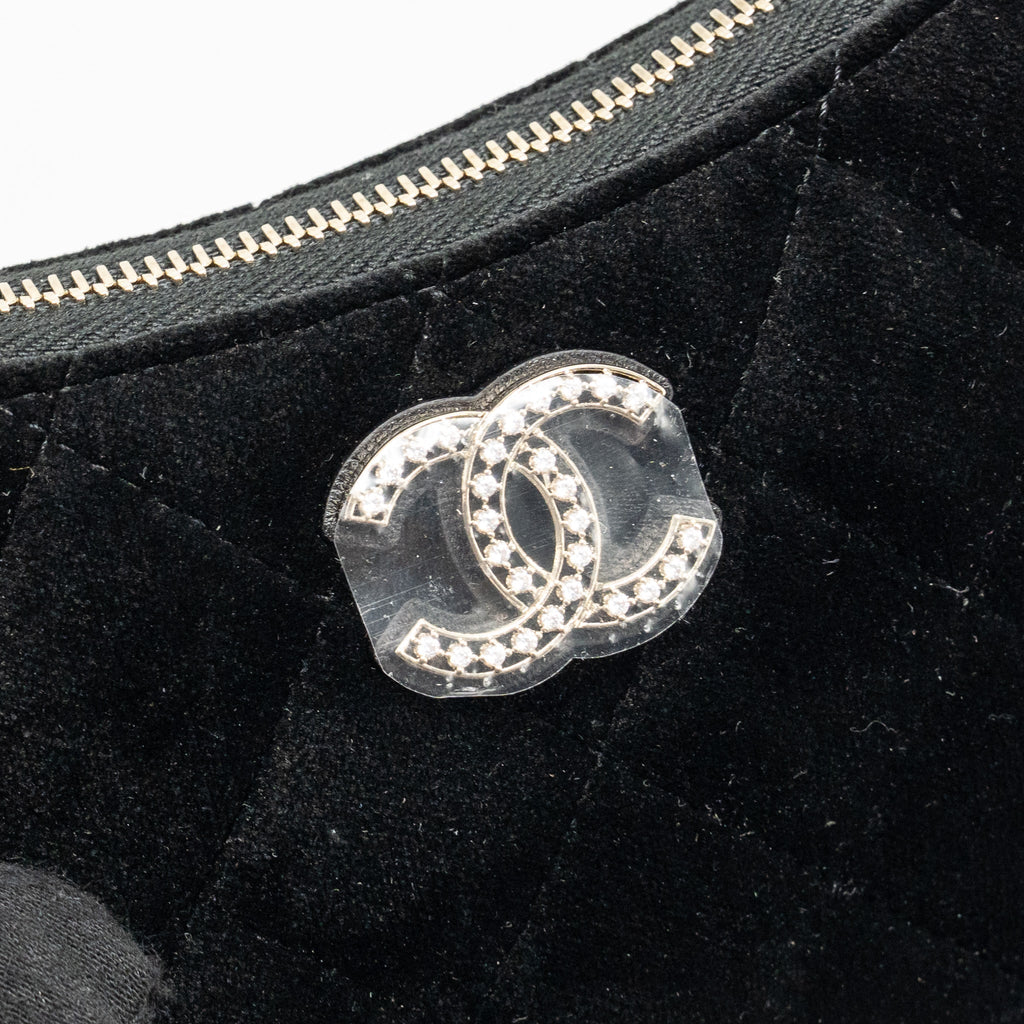 CHANEL QUILTED CRYSTAL MINI HOBO CROSSBODY BAG VELVET BLACK LGHW (MICROCHIP)