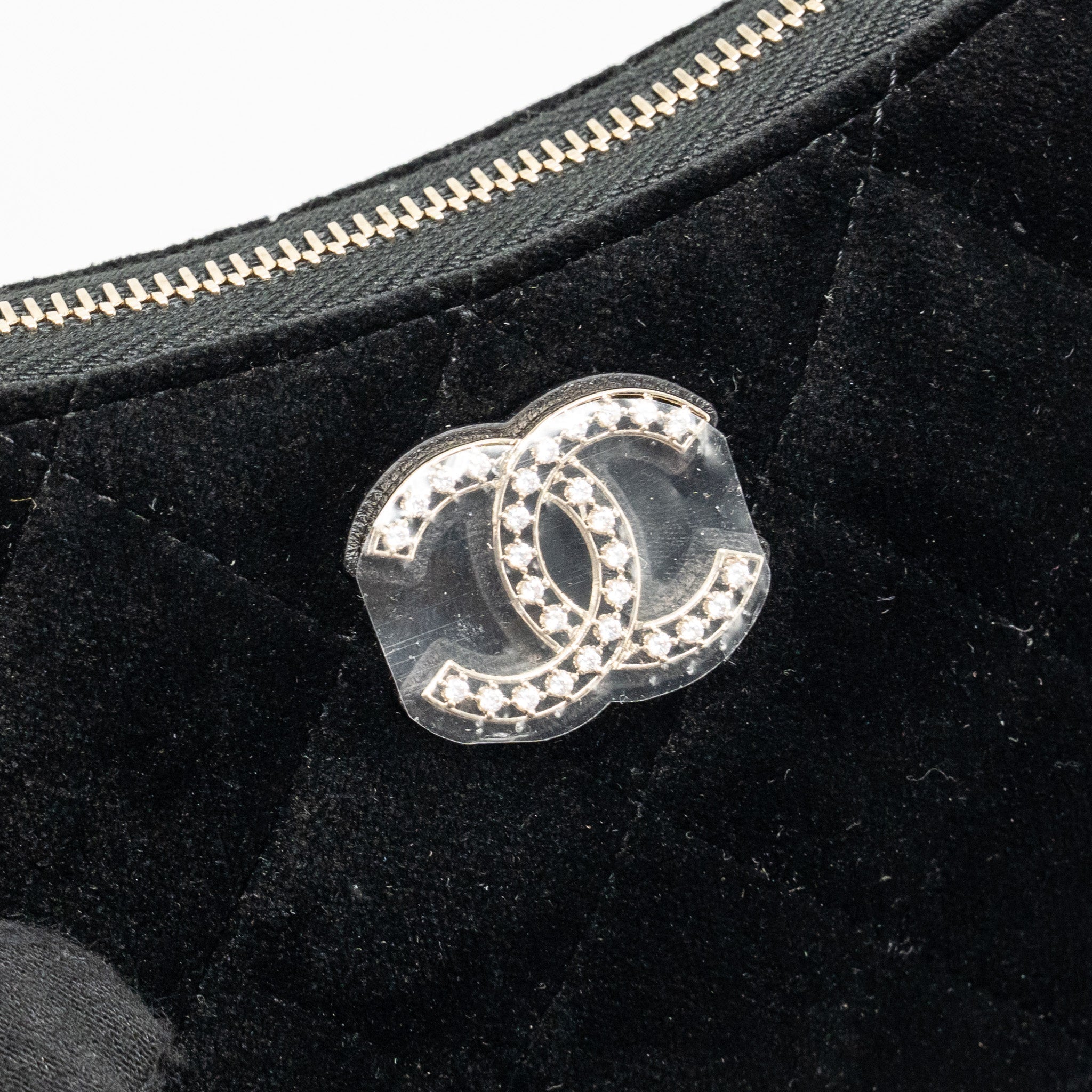 CHANEL QUILTED CRYSTAL MINI HOBO CROSSBODY BAG VELVET BLACK LGHW (MICROCHIP)