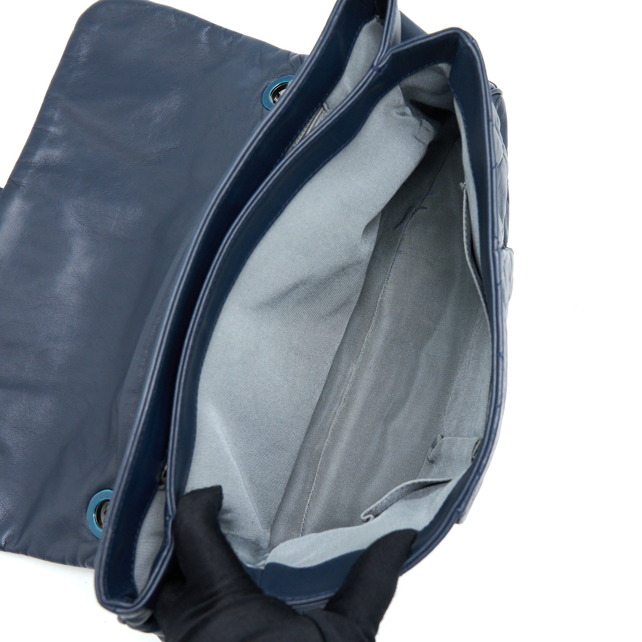CHANEL FLAP HOBO BAG CALFSKIN NAVY WITH RUTHENIUM SLIVER HARDWARE