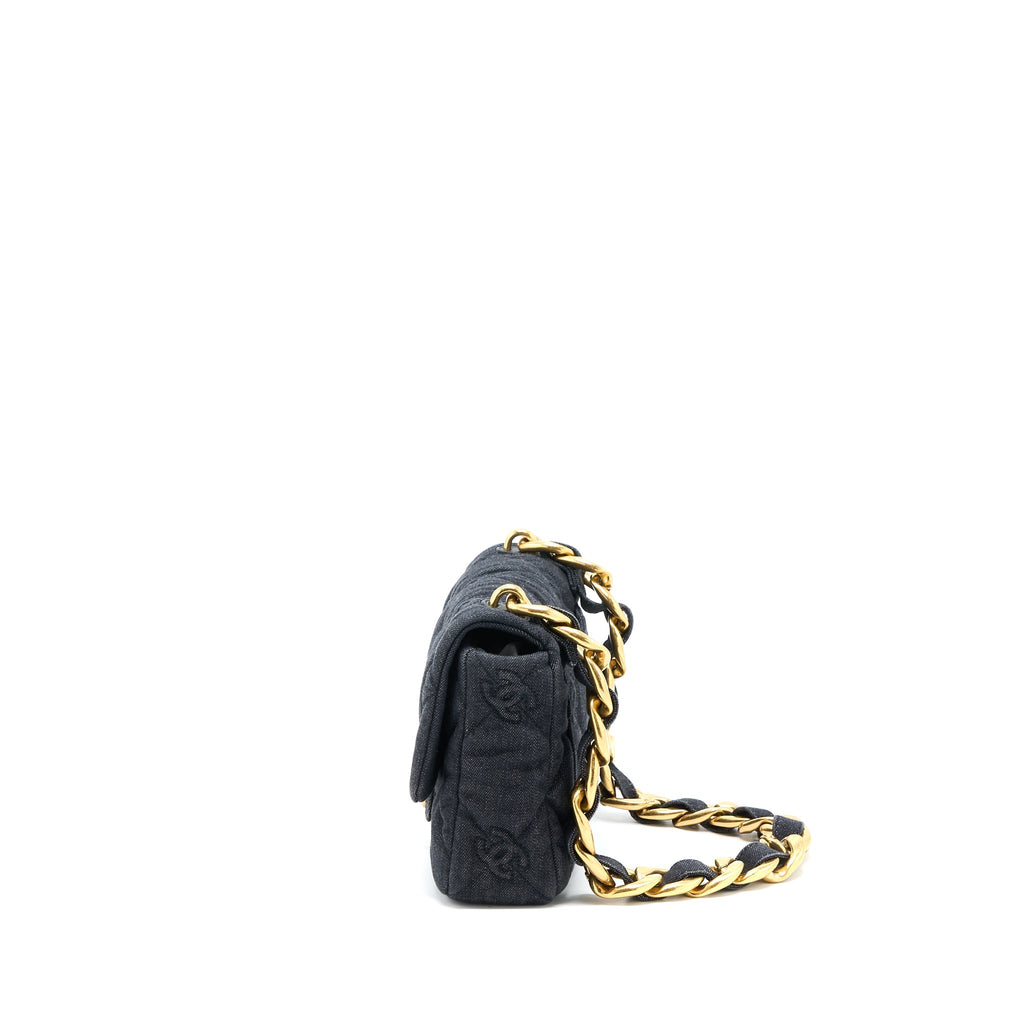 CHANEL FLAP SHOULDER BAG WITH GIANT CHAIN DENIM DARK BLUE BRUSHED GHW (MICROCHIP)