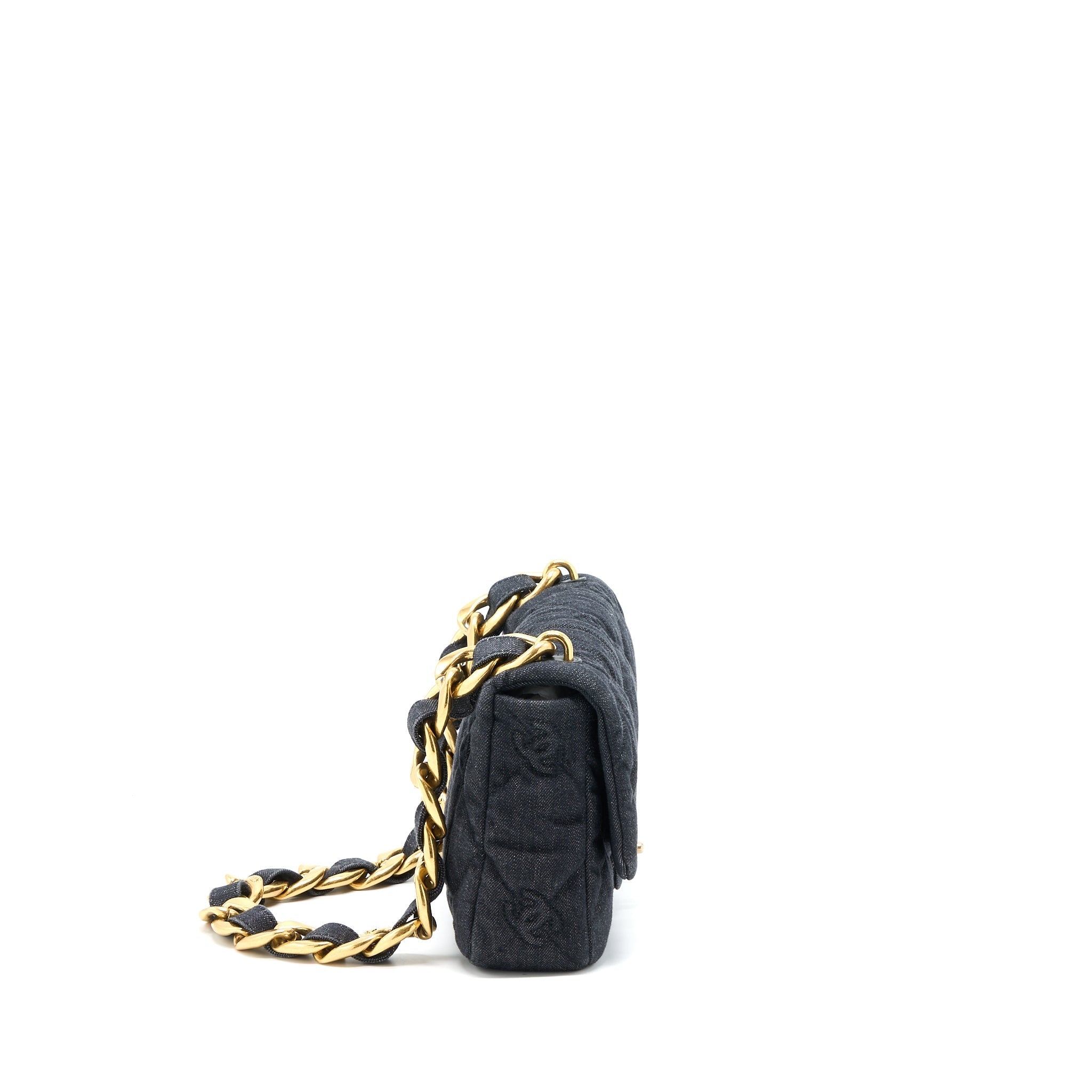 CHANEL FLAP SHOULDER BAG WITH GIANT CHAIN DENIM DARK BLUE BRUSHED GHW (MICROCHIP)