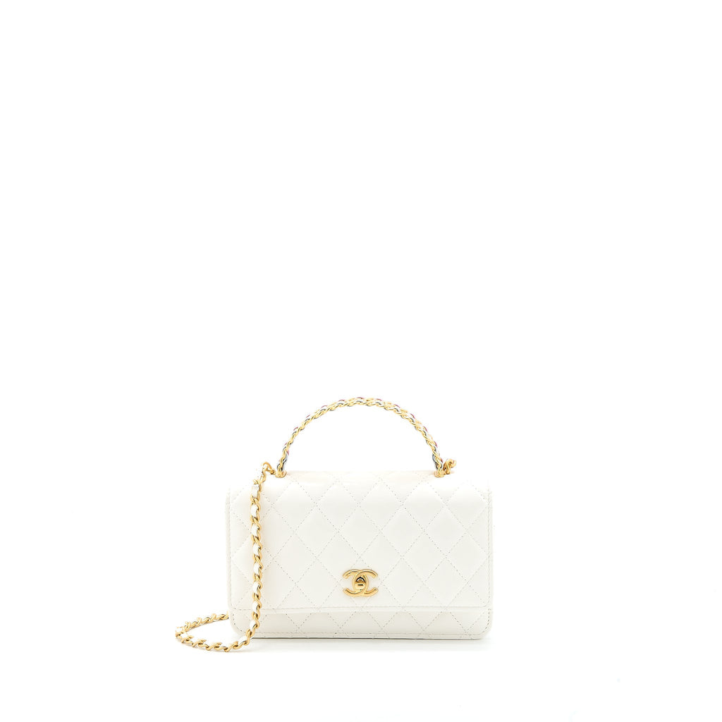 CHANEL 23P TOP HANDLE WALLET ON CHAIN CALFSKIN WHITE/MULTICOLOUR BRUSHED GHW (MICROCHIP)