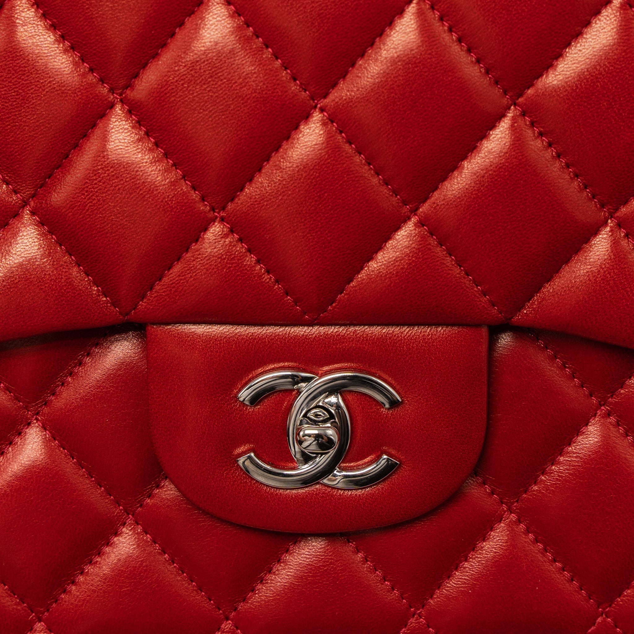 CHANEL JUMBO CLASSIC SINGLE FLAP BAG LAMBSKIN RED SHW