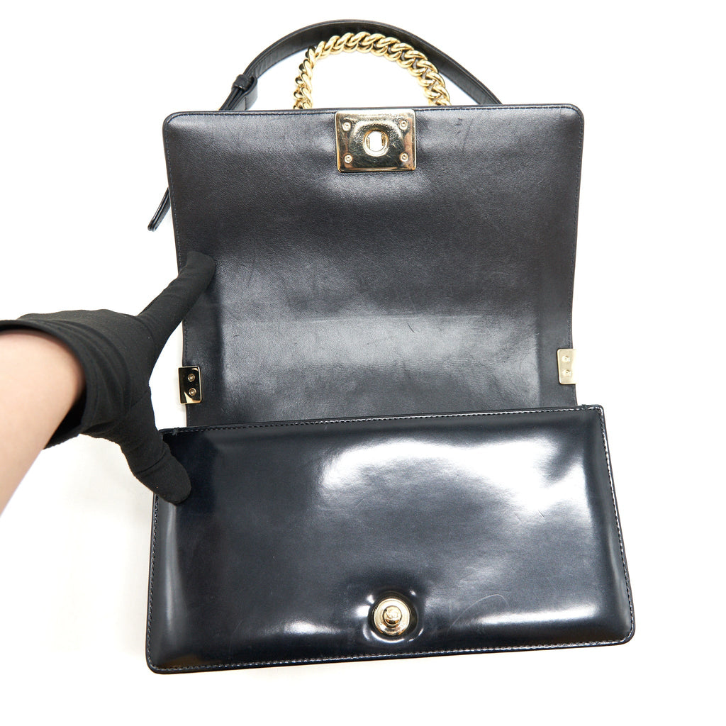CHANEL MEDIUM LE BOY PATENT LEATHER BLACK LGHW