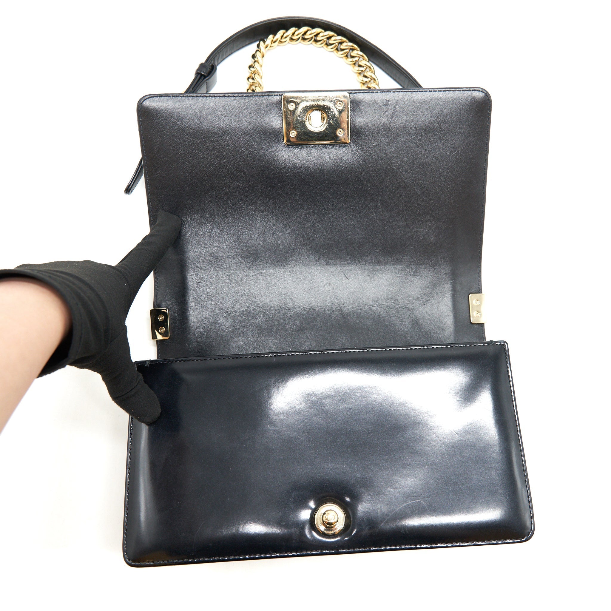 CHANEL MEDIUM LE BOY PATENT LEATHER BLACK LGHW