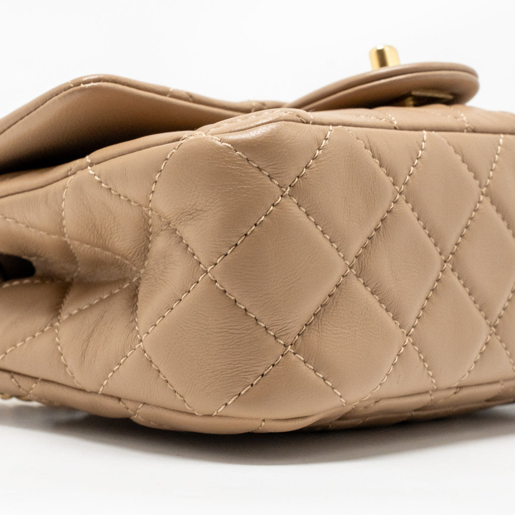 CHANEL PEARL CRUSH MINI RECTANGULAR LAMBSKIN DARK BEIGE GHW (MICROCHIP)