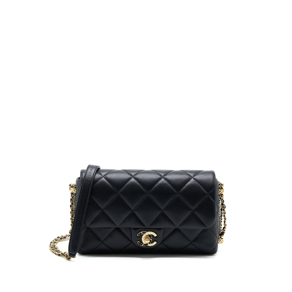 CHANEL QUILTED DETAILED LOGO FLAP BAG LAMBSKIN BLACK GHW (MICROCHIP)