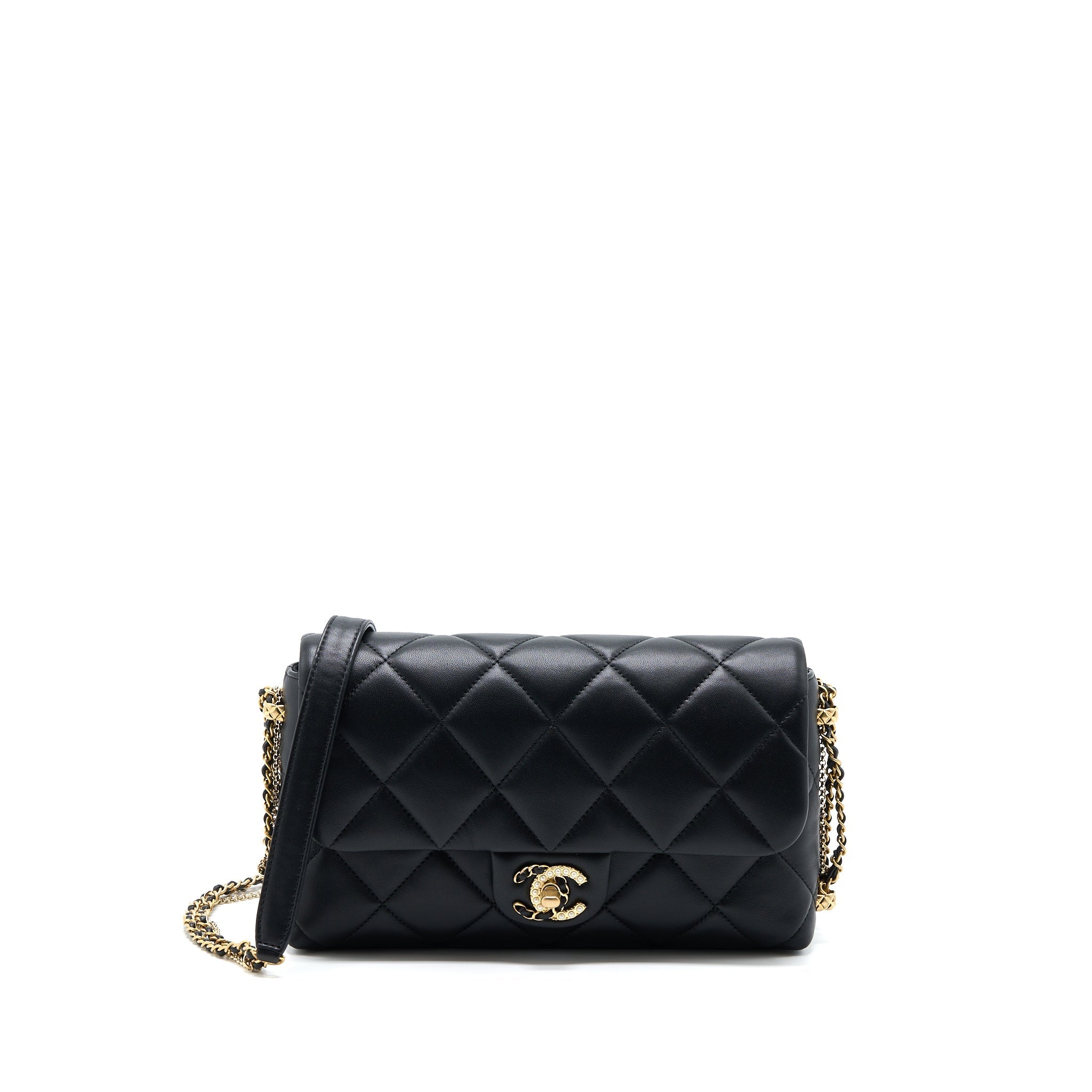 CHANEL QUILTED DETAILED LOGO FLAP BAG LAMBSKIN BLACK GHW (MICROCHIP)