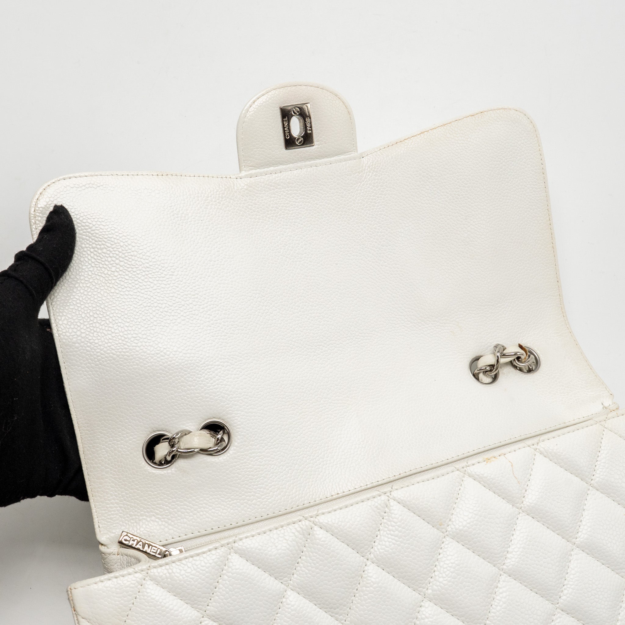 CHANEL JUMBO CLASSIC SINGLE FLAP BAG CAVIAR WHITE SHW