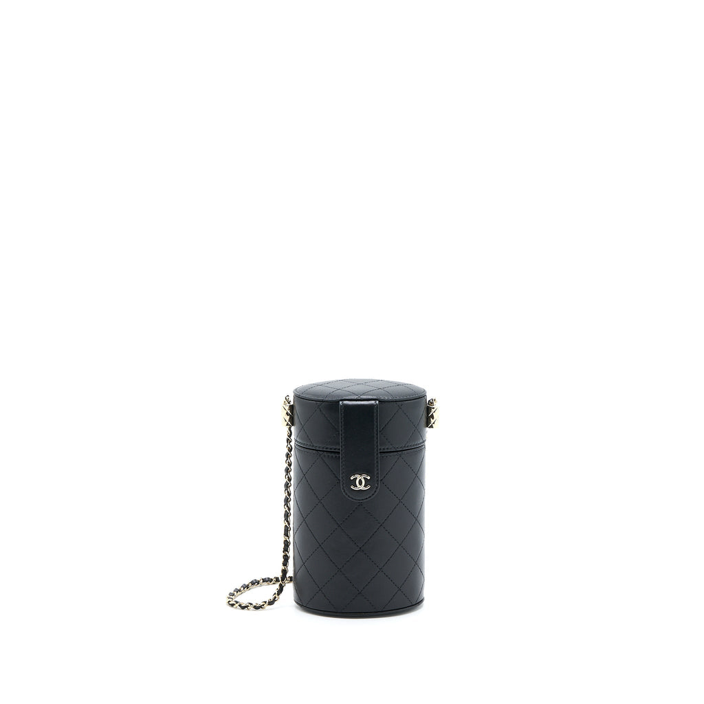 CHANEL ROUND VANITY CASE WITH CHAIN LAMBSKIN BLACK LGHW