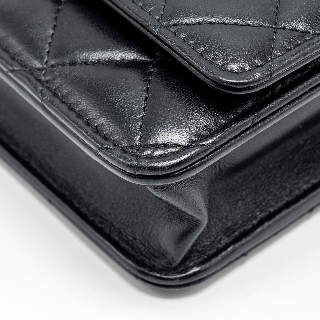 CHANEL LEATHER TOP HANDLE WALLET ON CHAIN LAMBSKIN BLACK LGHW (MICROCHIP)