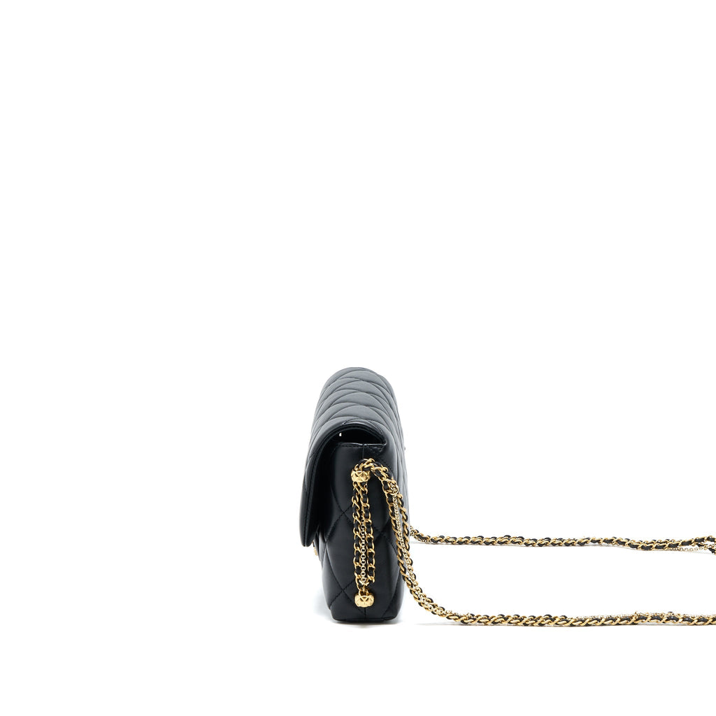 CHANEL QUILTED DETAILED LOGO FLAP BAG LAMBSKIN BLACK GHW (MICROCHIP)