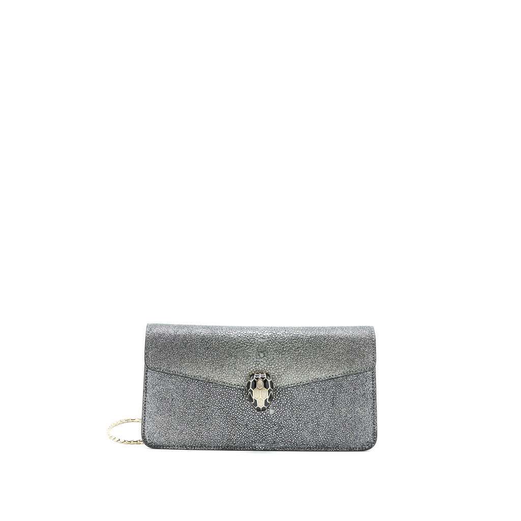 BVLGARI SERPENTI FOREVER CLUTCH WITH CHAIN STINGRAY LEATHER GREY LGHW