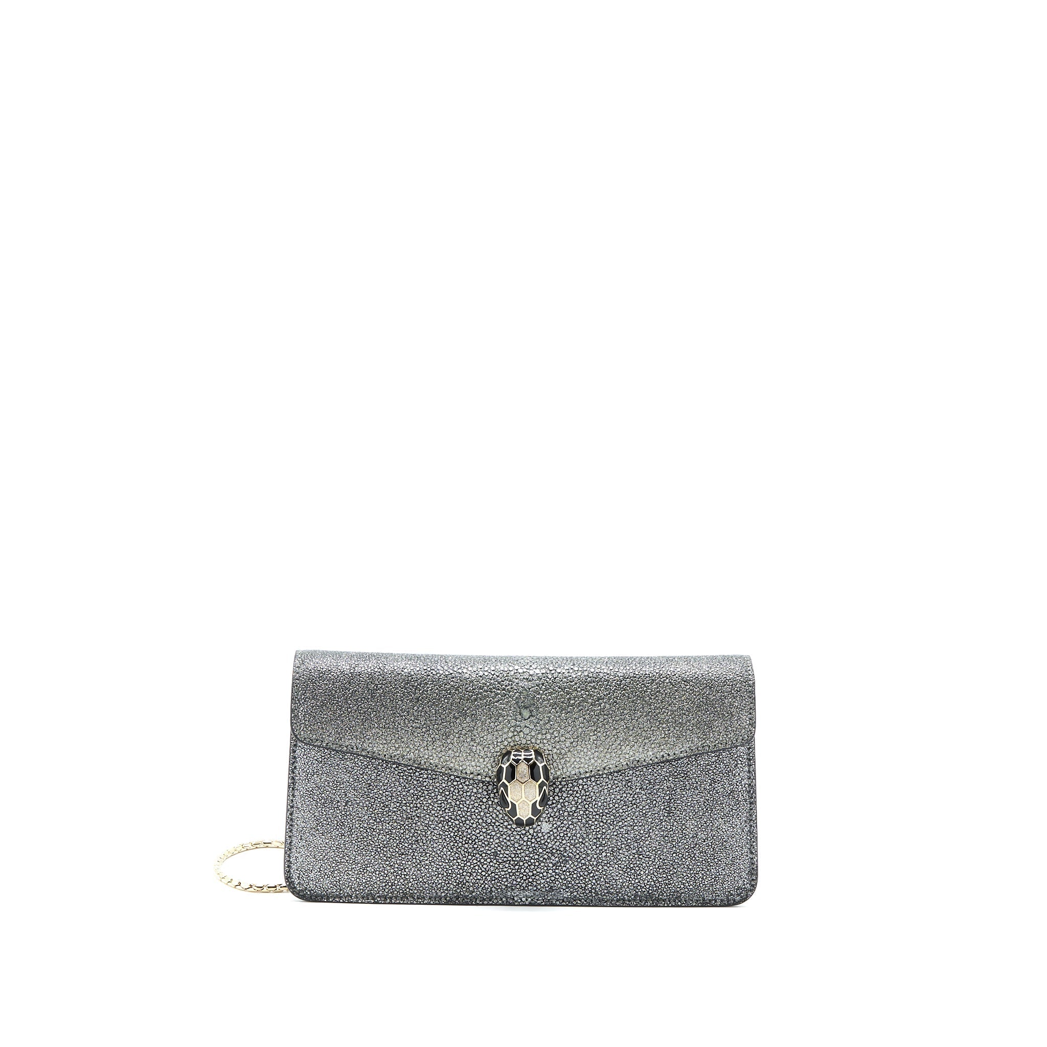 BVLGARI SERPENTI FOREVER CLUTCH WITH CHAIN STINGRAY LEATHER GREY LGHW