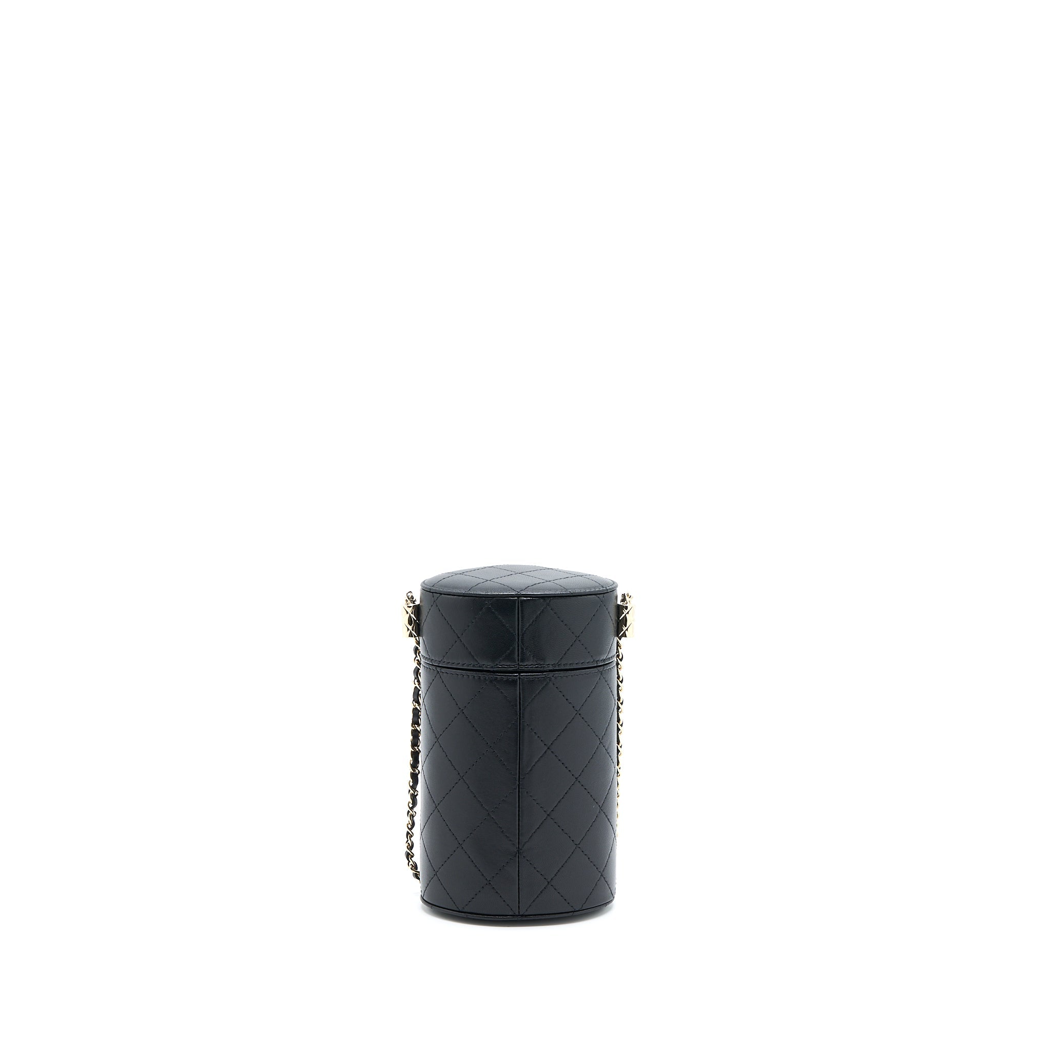 CHANEL ROUND VANITY CASE WITH CHAIN LAMBSKIN BLACK LGHW