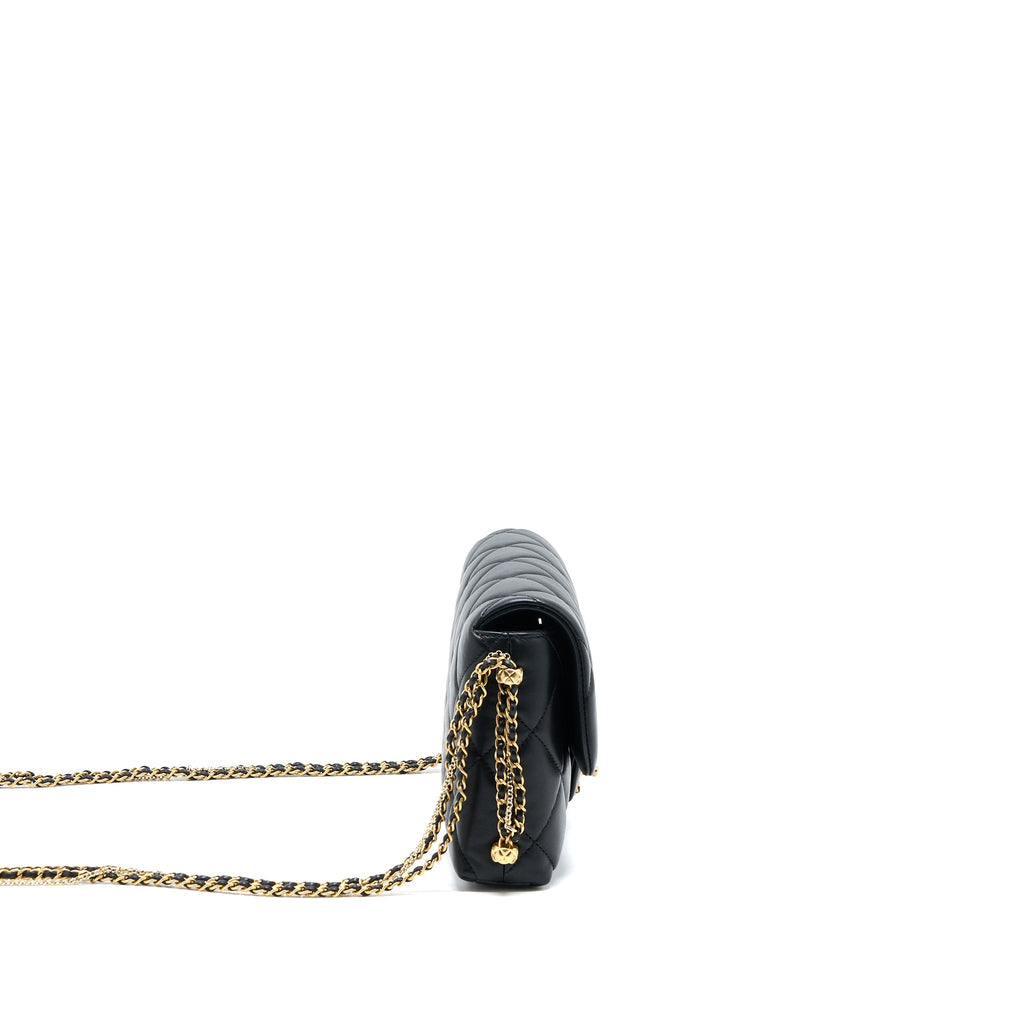 CHANEL QUILTED DETAILED LOGO FLAP BAG LAMBSKIN BLACK GHW (MICROCHIP)