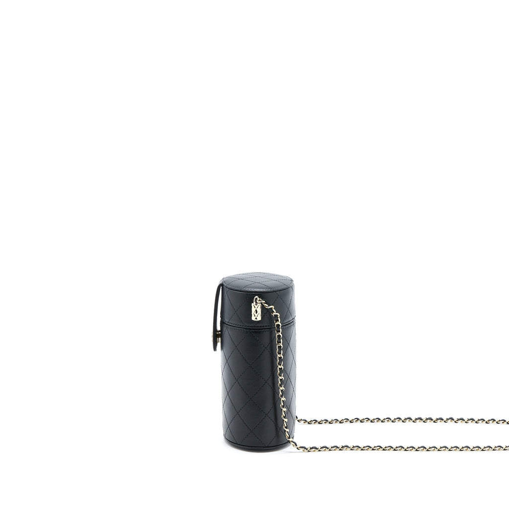 CHANEL ROUND VANITY CASE WITH CHAIN LAMBSKIN BLACK LGHW