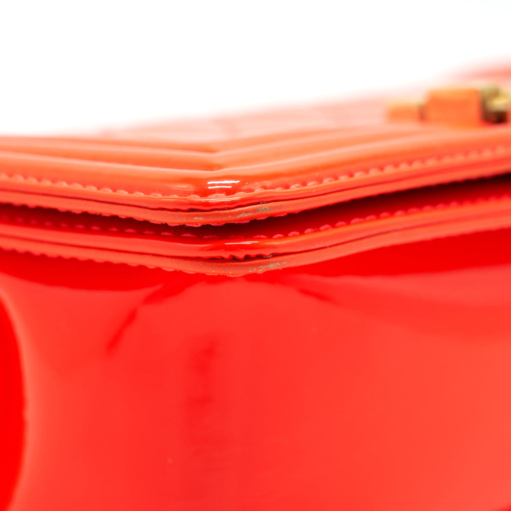 CHANEL SMALL BOY BAG PATENT LEATHER BRIGHT ORANGE GHW