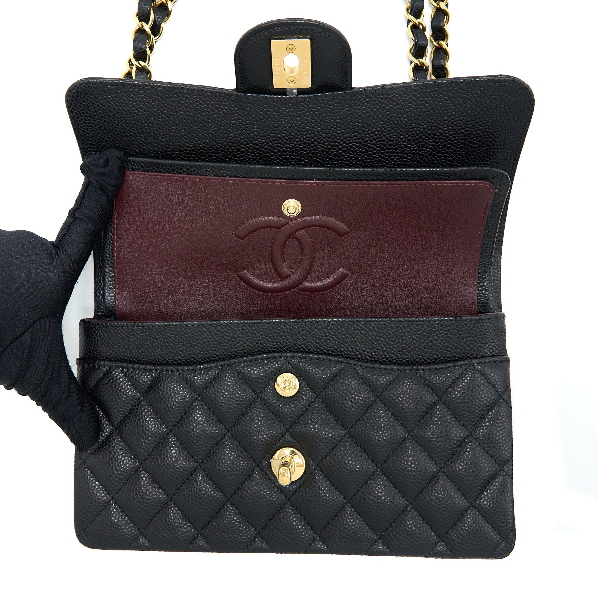 CHANEL SMALL CLASSIC DOUBLE FLAP BAG CAVIAR BLACK GHW (MICROCHIP)