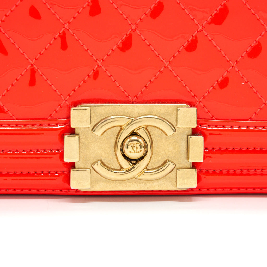 CHANEL SMALL BOY BAG PATENT LEATHER BRIGHT ORANGE GHW