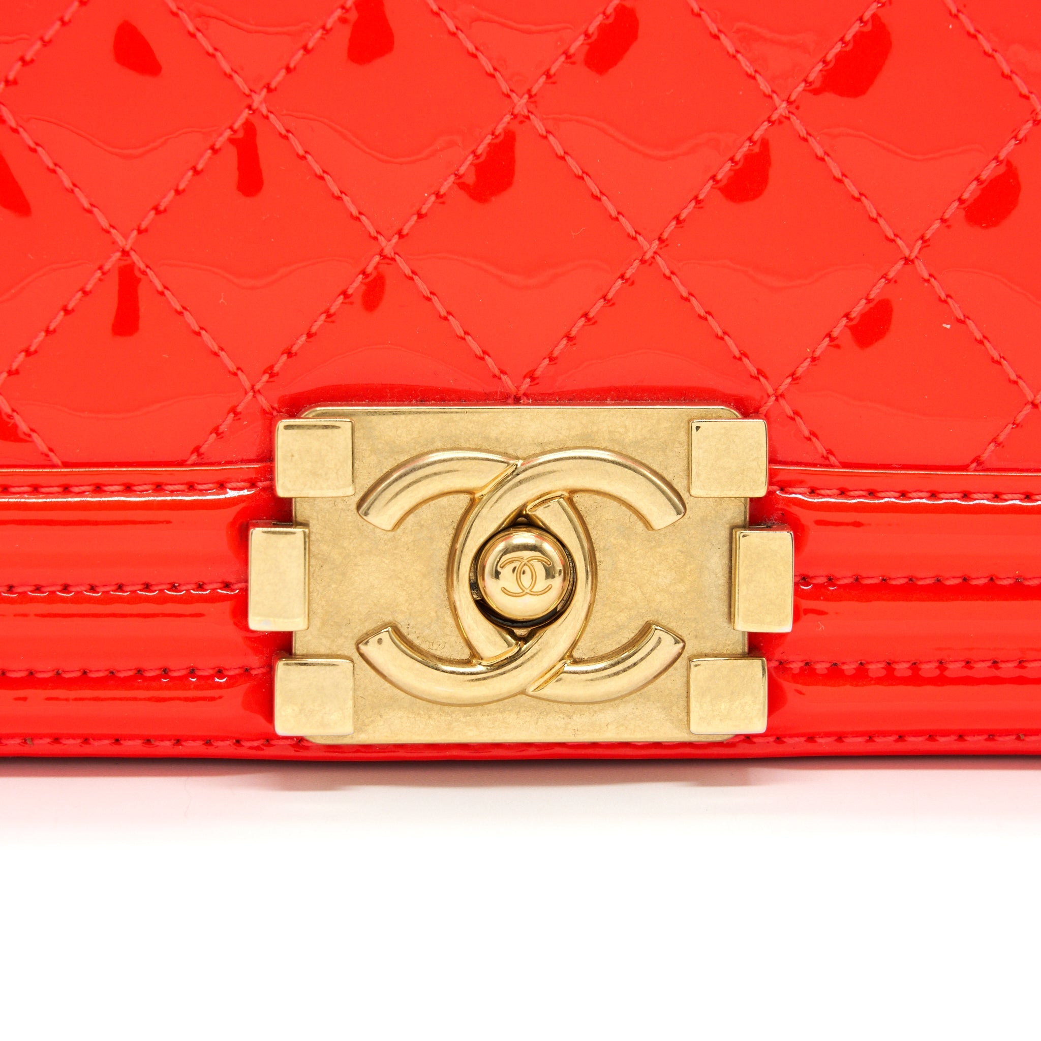 CHANEL SMALL BOY BAG PATENT LEATHER BRIGHT ORANGE GHW