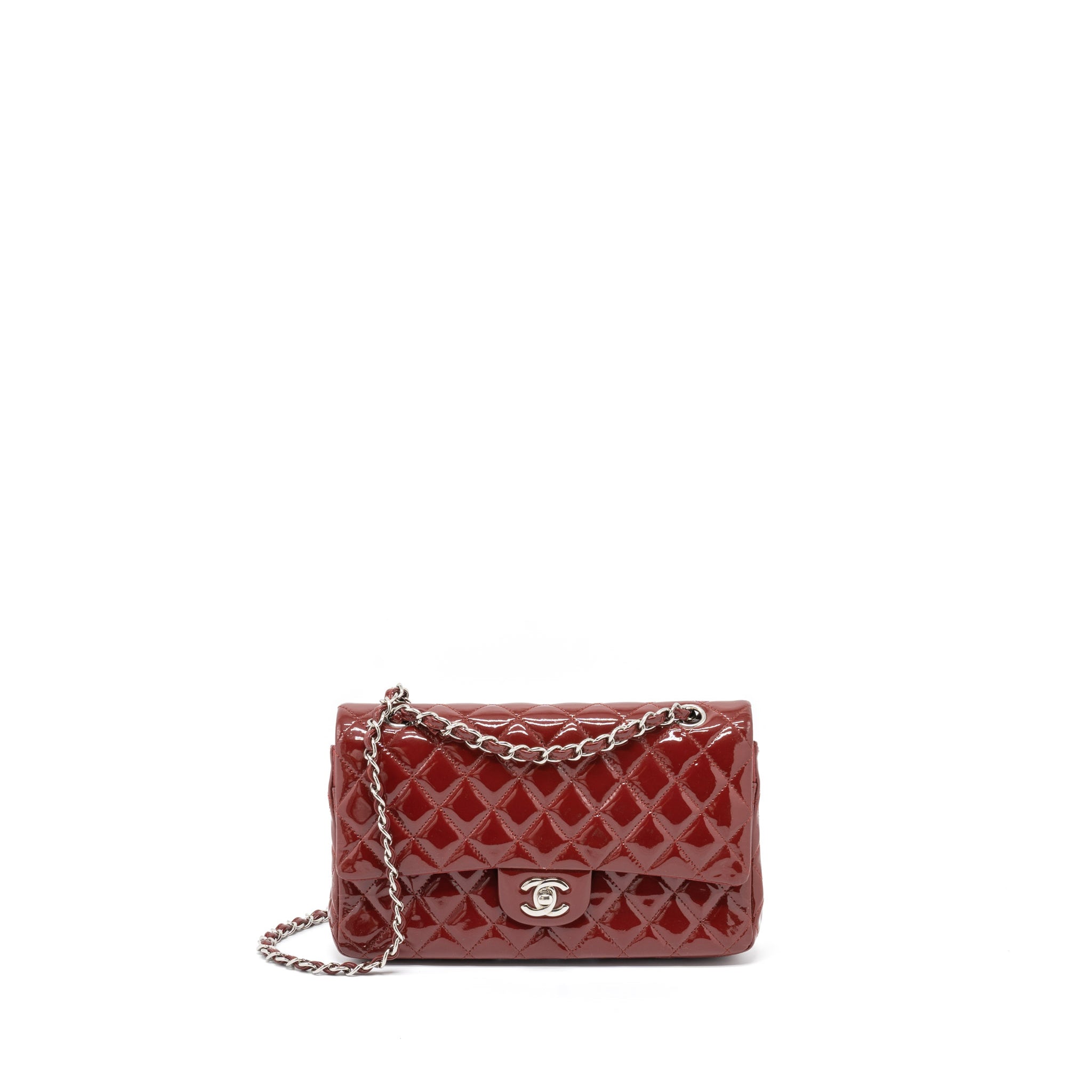 CHANEL MEDIUM CLASSIC DOUBLE FLAP BAG PATENT RED SHW