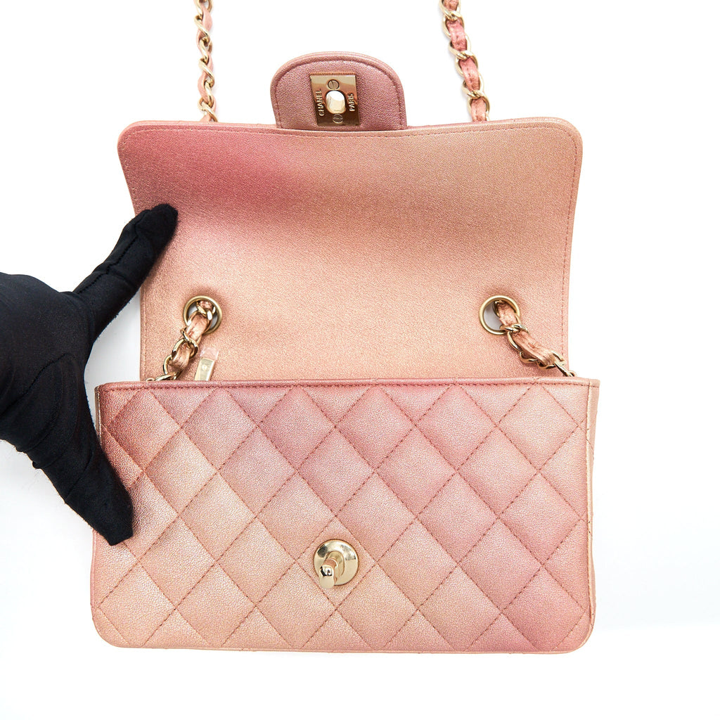 CHANEL 21S MINI RECTANGULAR FLAP BAG METALLIC GRAINED LAMBSKIN OMBRÉ ROSE GOLD LGHW