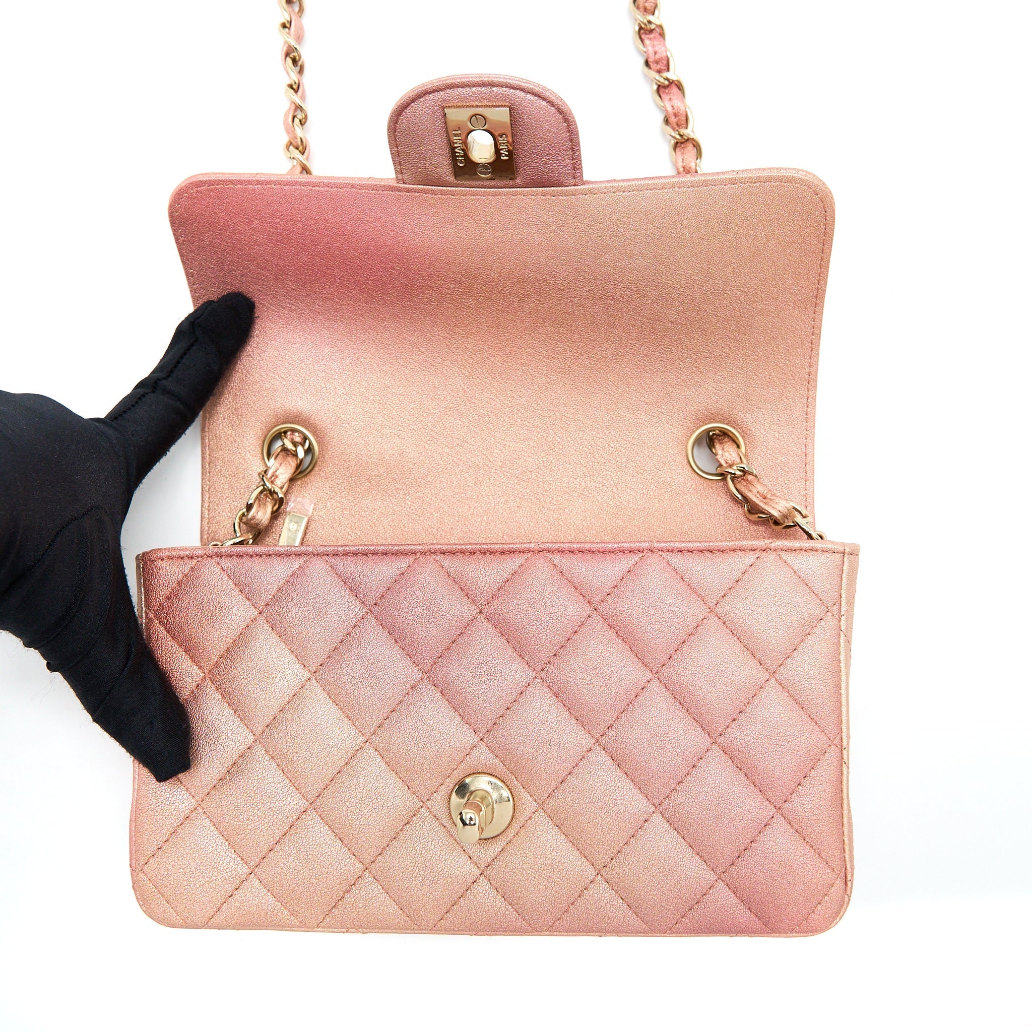 CHANEL 21S MINI RECTANGULAR FLAP BAG METALLIC GRAINED LAMBSKIN OMBRÉ ROSE GOLD LGHW