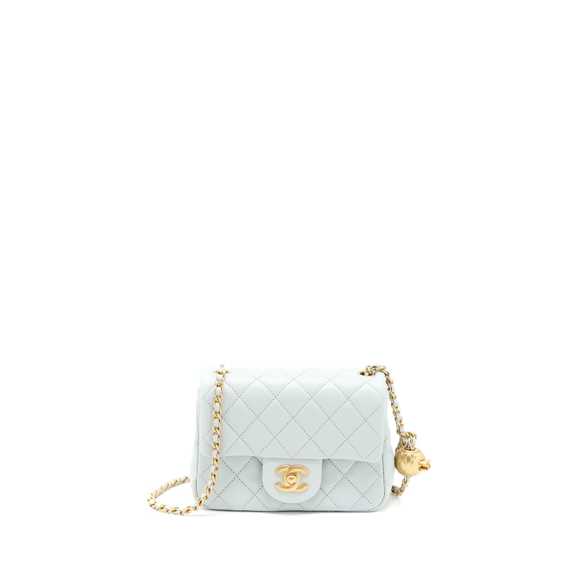 CHANEL 23C PEARL CRUSH MINI SQUARE LAMBSKIN LIGHT GREY GHW (MICROCHIP)