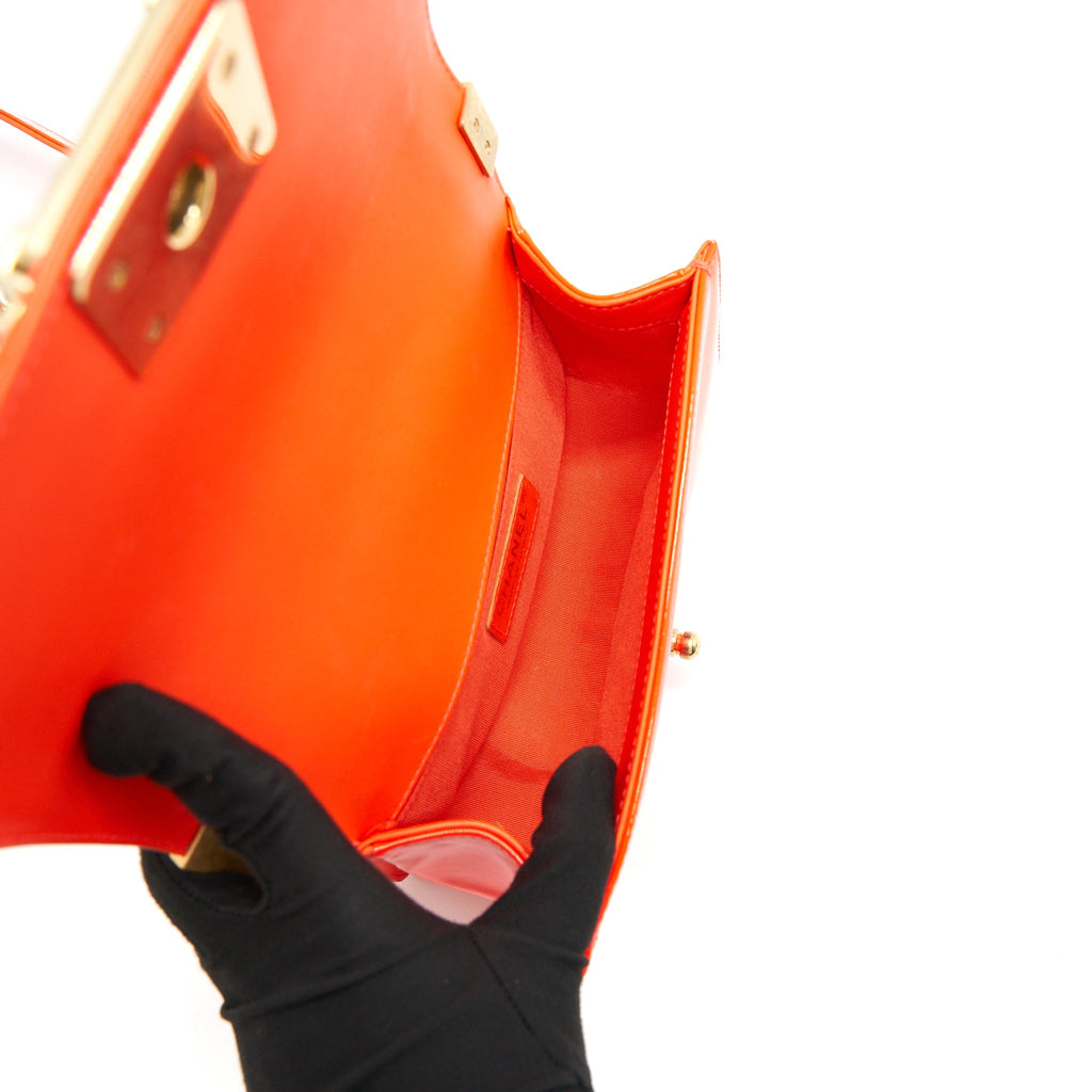 CHANEL SMALL BOY BAG PATENT LEATHER BRIGHT ORANGE GHW