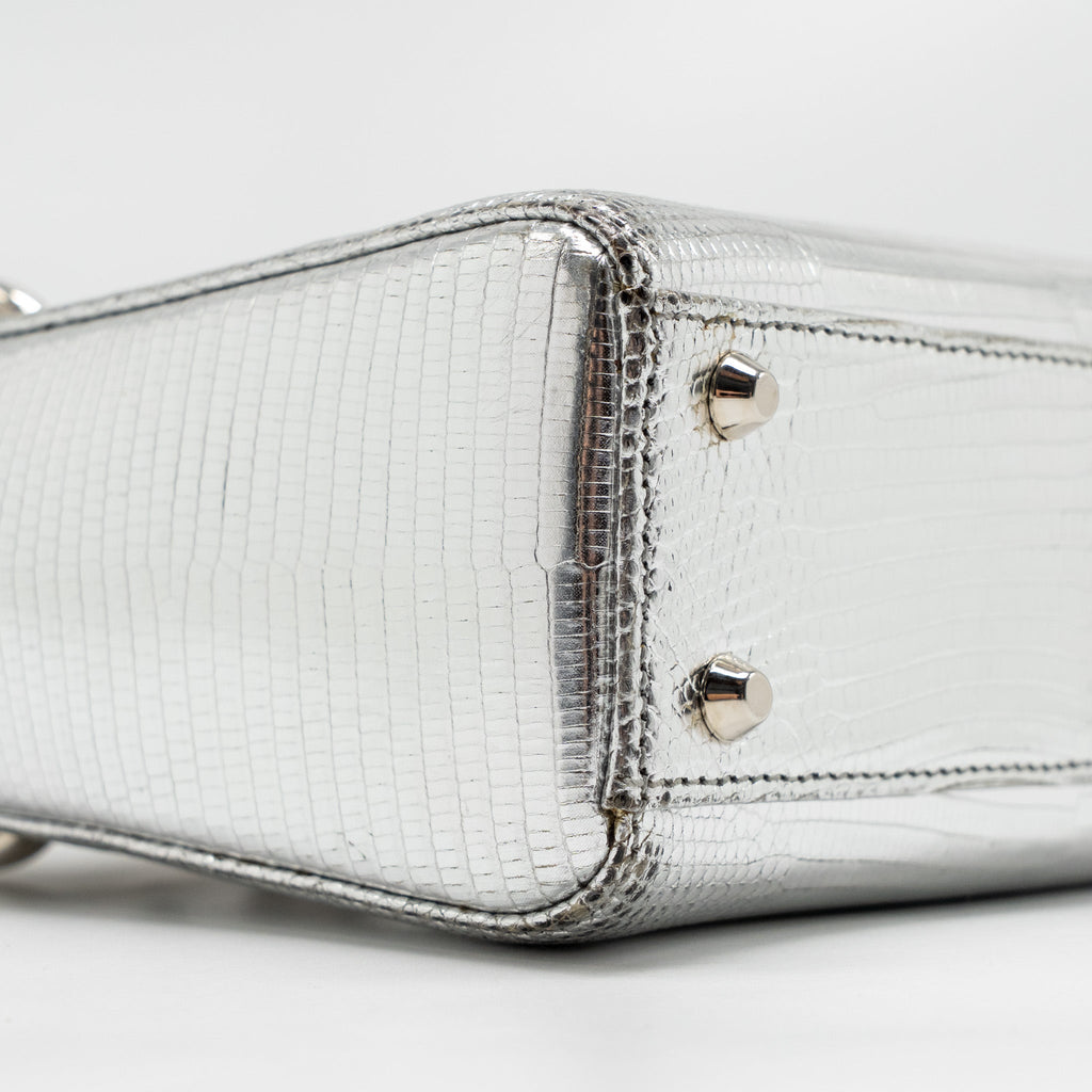 DIOR MINI LADY DIOR FLOWER STUDDED METAL HANDLE LIZARD SILVER SHW