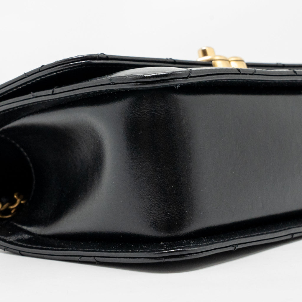 CHANEL GOLD CRUSH MINI FLAP BAG SHINY CALFSKIN BLACK GHW (MICROCHIP)
