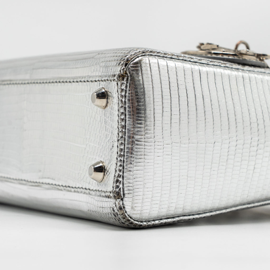 DIOR MINI LADY DIOR FLOWER STUDDED METAL HANDLE LIZARD SILVER SHW