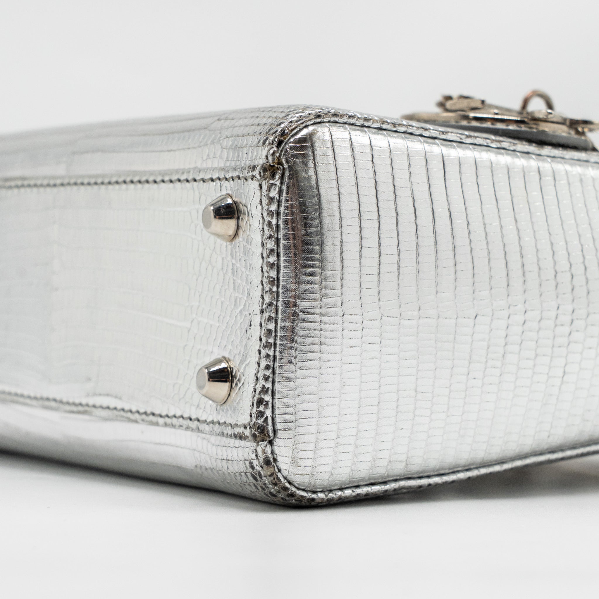 DIOR MINI LADY DIOR FLOWER STUDDED METAL HANDLE LIZARD SILVER SHW