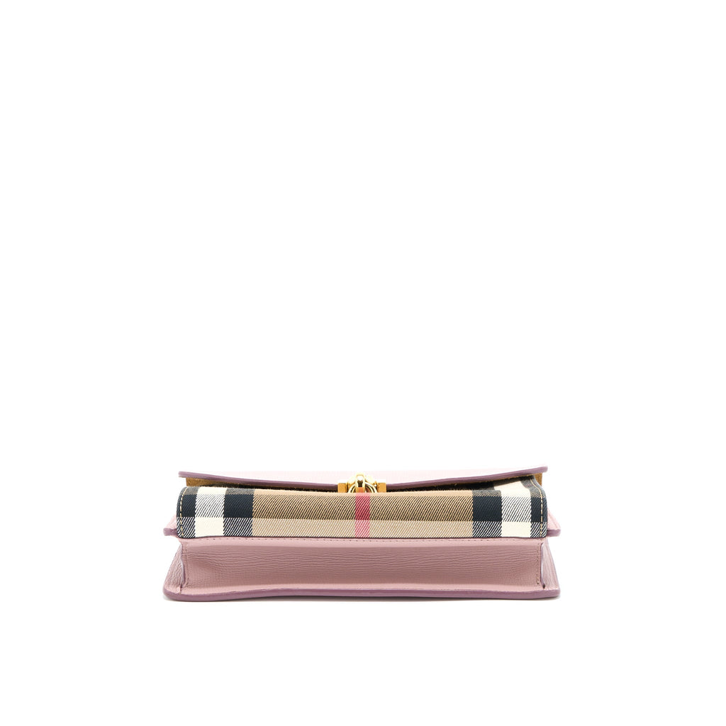 BURBERRY SMALL LEATHER AND HOUSE CHECK CROSSBODY BAG PALE ORCHID