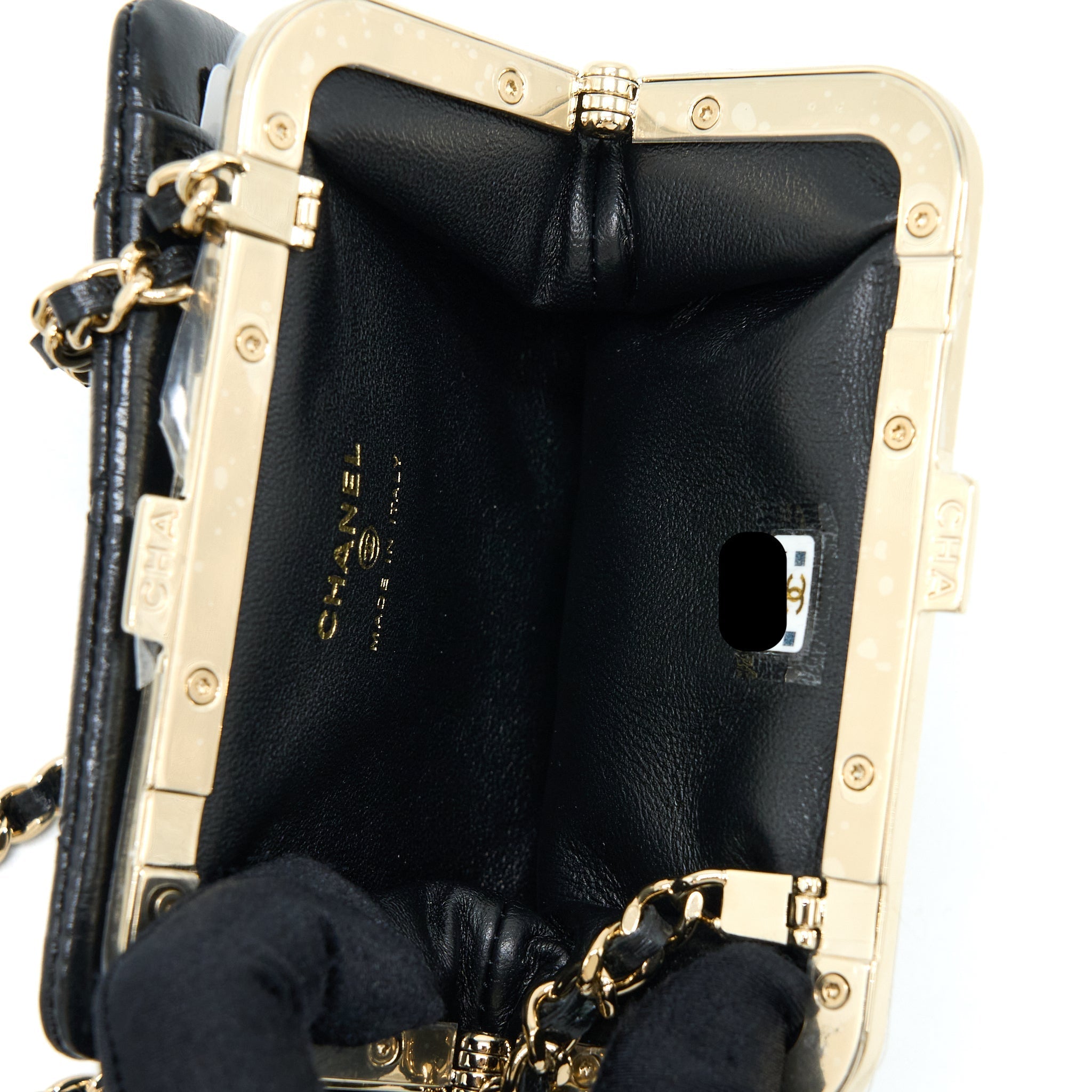 CHANEL QUILTED MINI CLIP WITH CHAIN AGED CALFSKIN BLACK LGHW