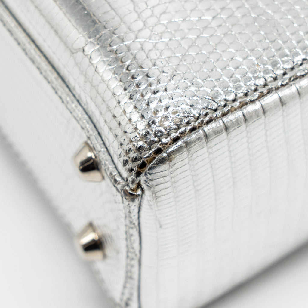 DIOR MINI LADY DIOR FLOWER STUDDED METAL HANDLE LIZARD SILVER SHW