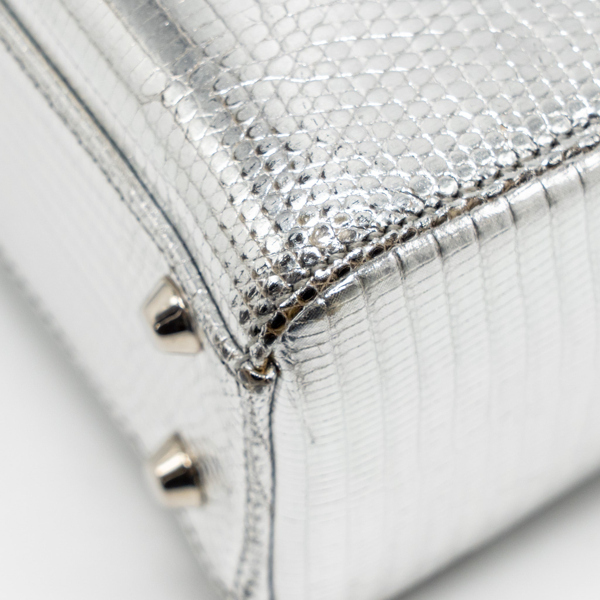 DIOR MINI LADY DIOR FLOWER STUDDED METAL HANDLE LIZARD SILVER SHW