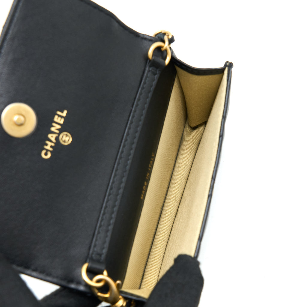 CHANEL PEARL CRUSH MINI FLAP BELT BAG WITH CHAIN LAMBSKIN BLACK BRUSHED GHW